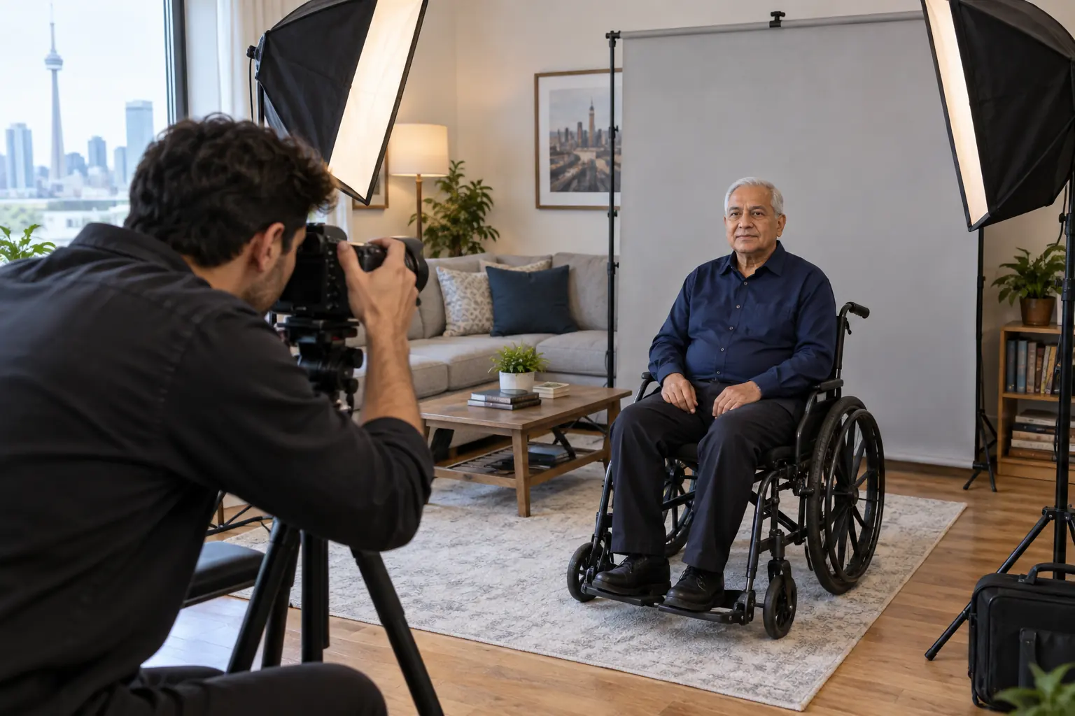 Mobile passport photographer photographing a senior wheelchair user at home in Toronto