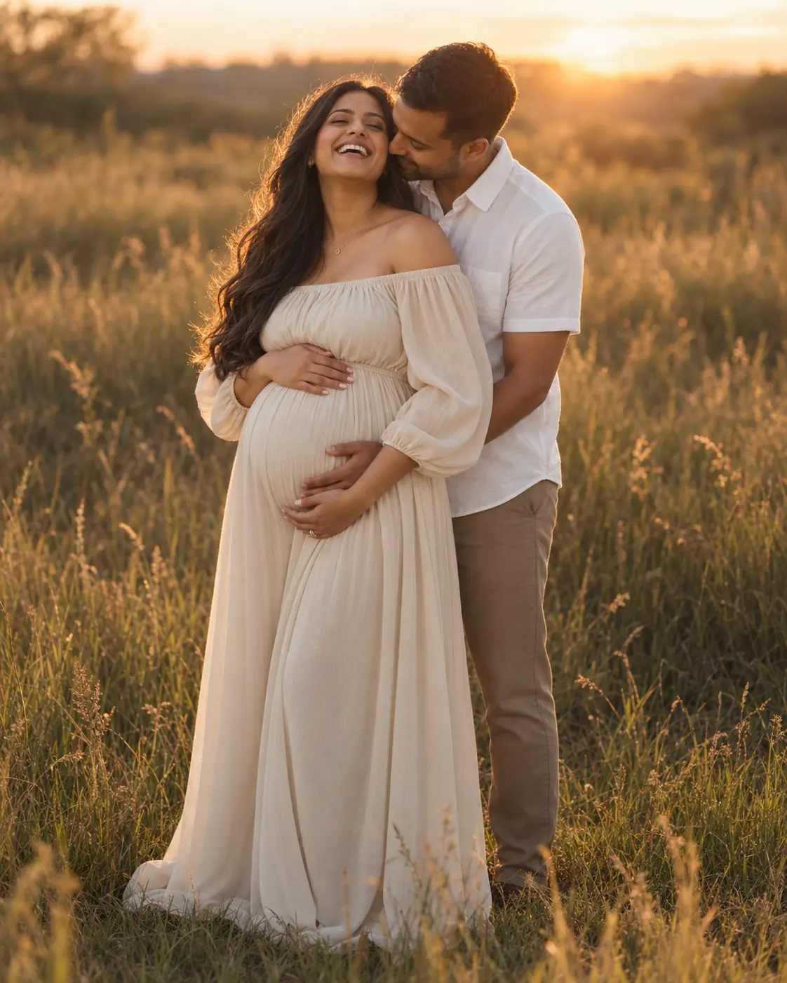 Golden-hour maternity couple portrait in a Stouffville meadow
