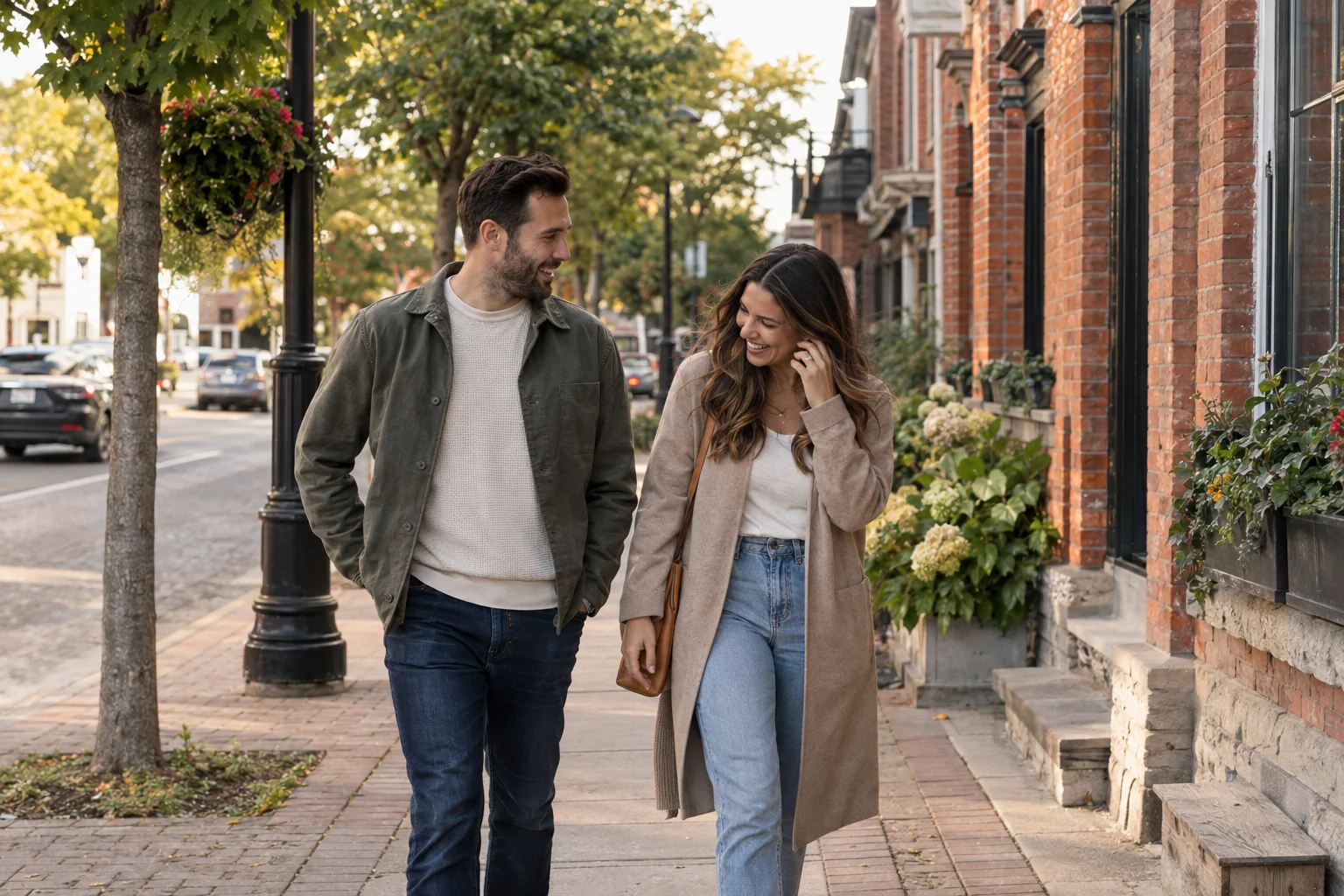 Couple walking through historic Streetsville during a Mississauga photoshoot