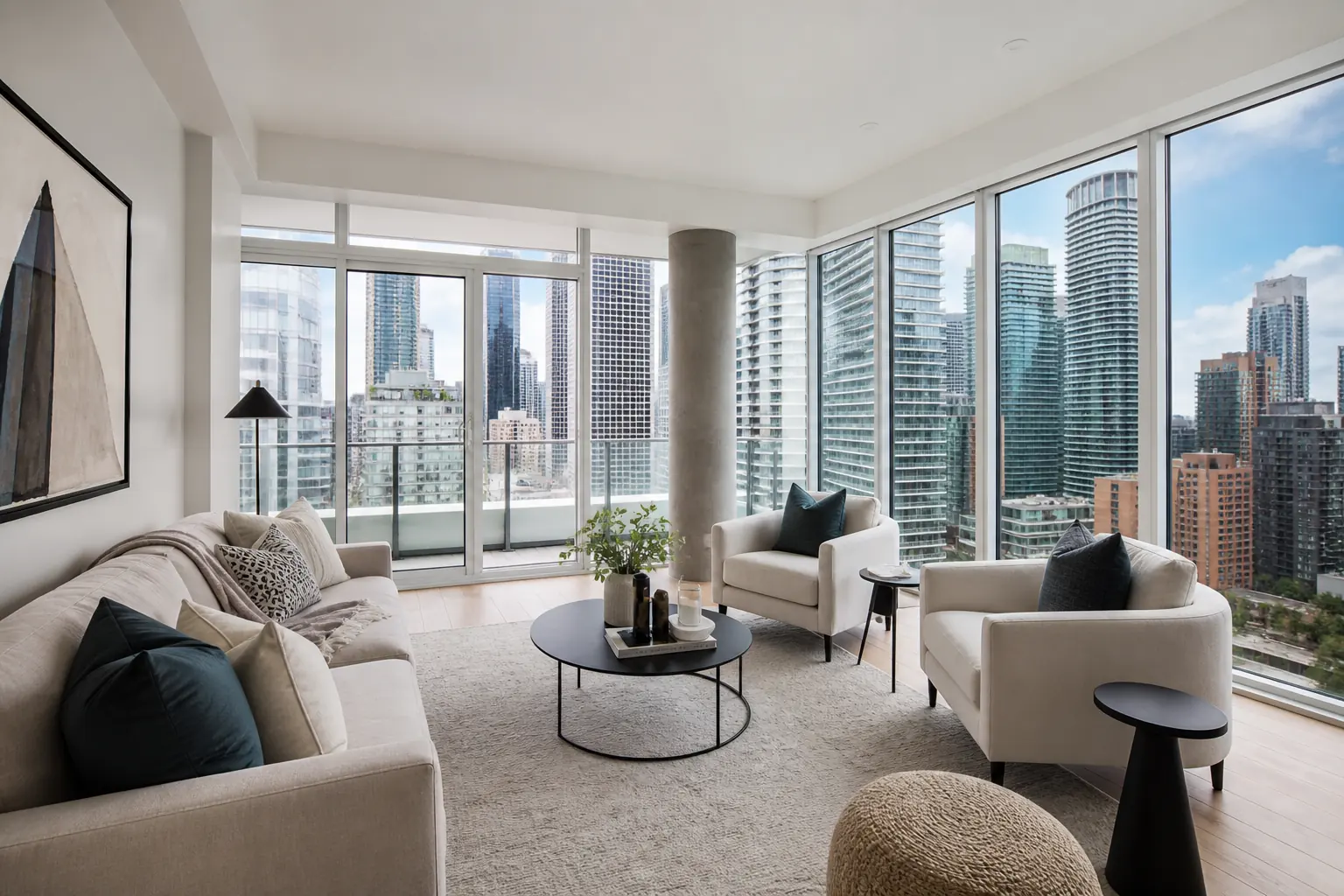 Bright staged Toronto condo living room with floor-to-ceiling windows