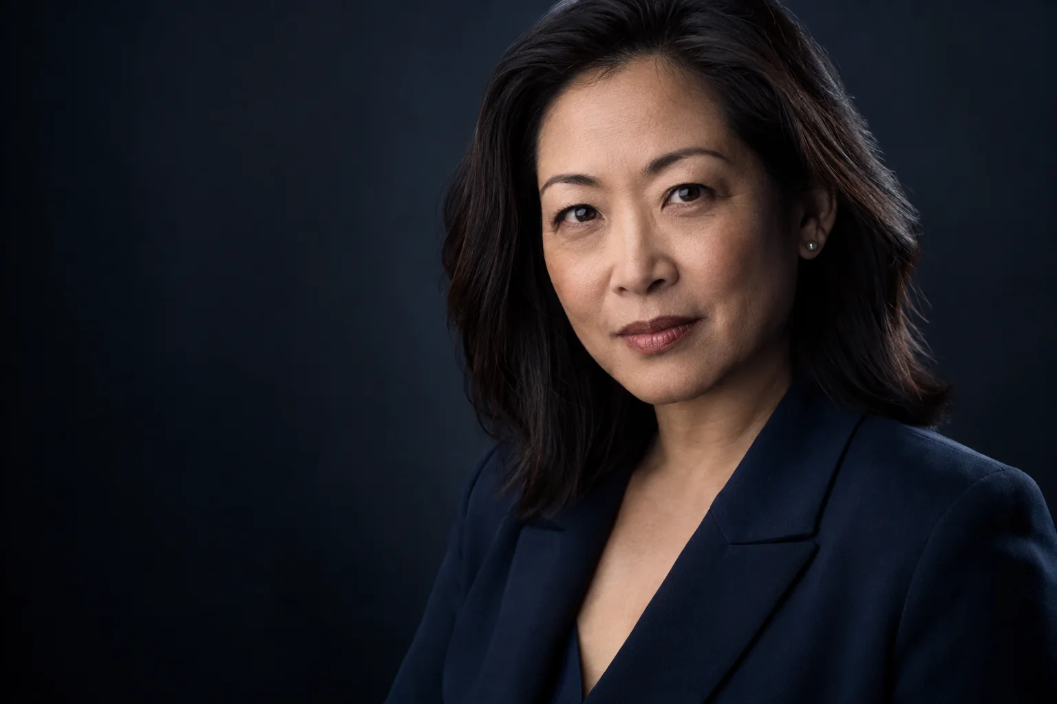Executive headshot with a navy studio background in Toronto
