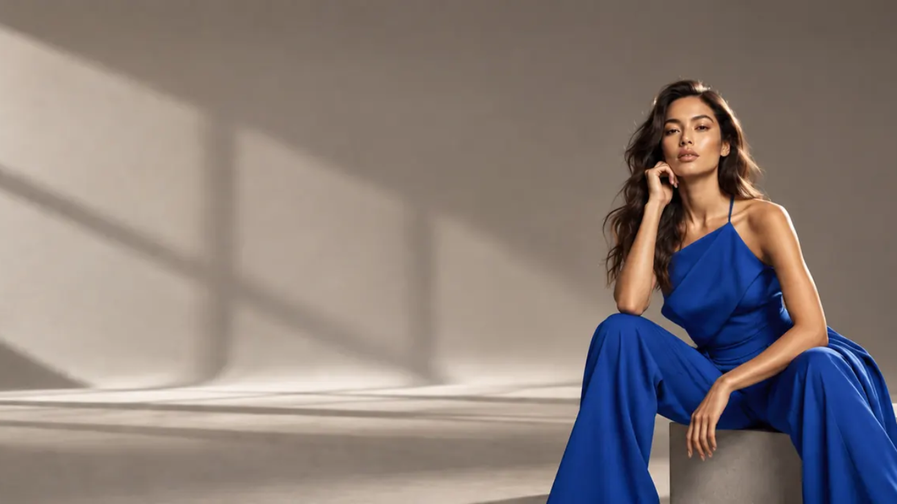 Toronto fashion model in a cobalt-blue outfit during an editorial studio photoshoot