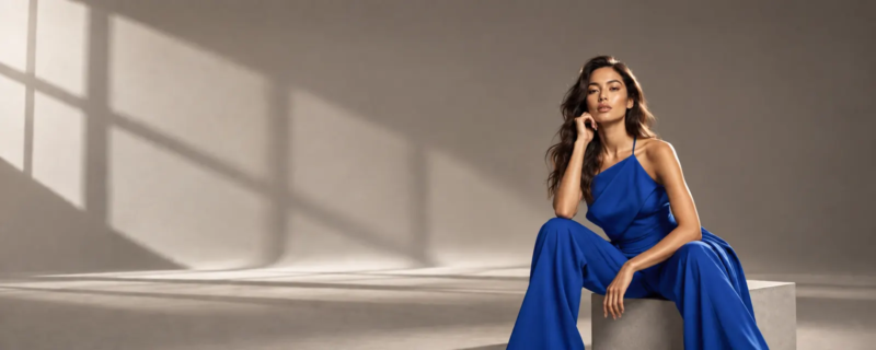 Toronto fashion model in a cobalt-blue outfit during an editorial studio photoshoot