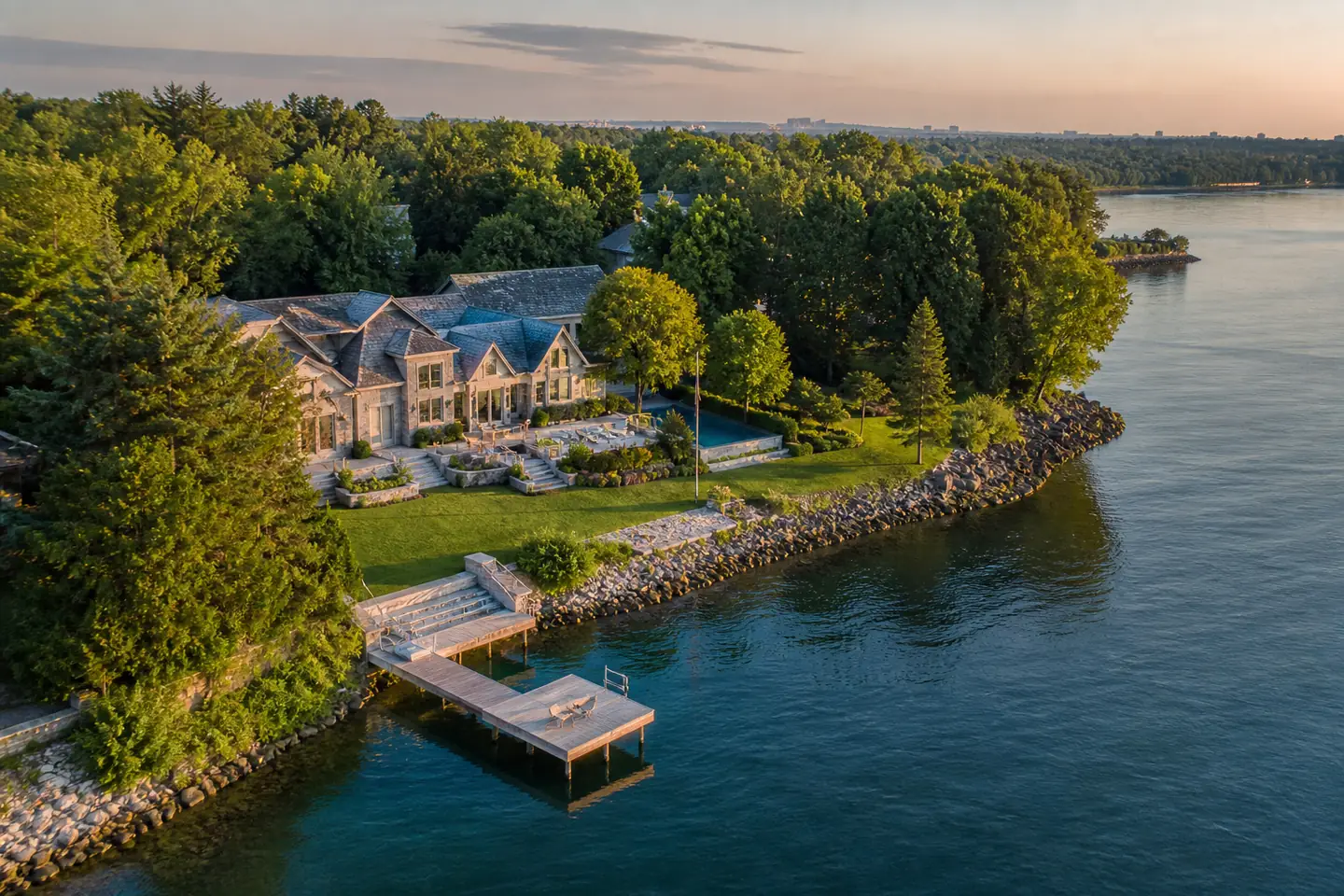 Aerial drone view of a waterfront home in the Greater Toronto Area