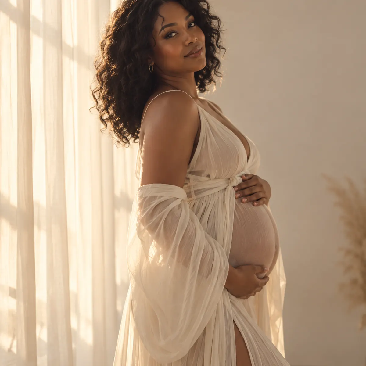 Warm window-light maternity portrait in a Richmond Hill studio