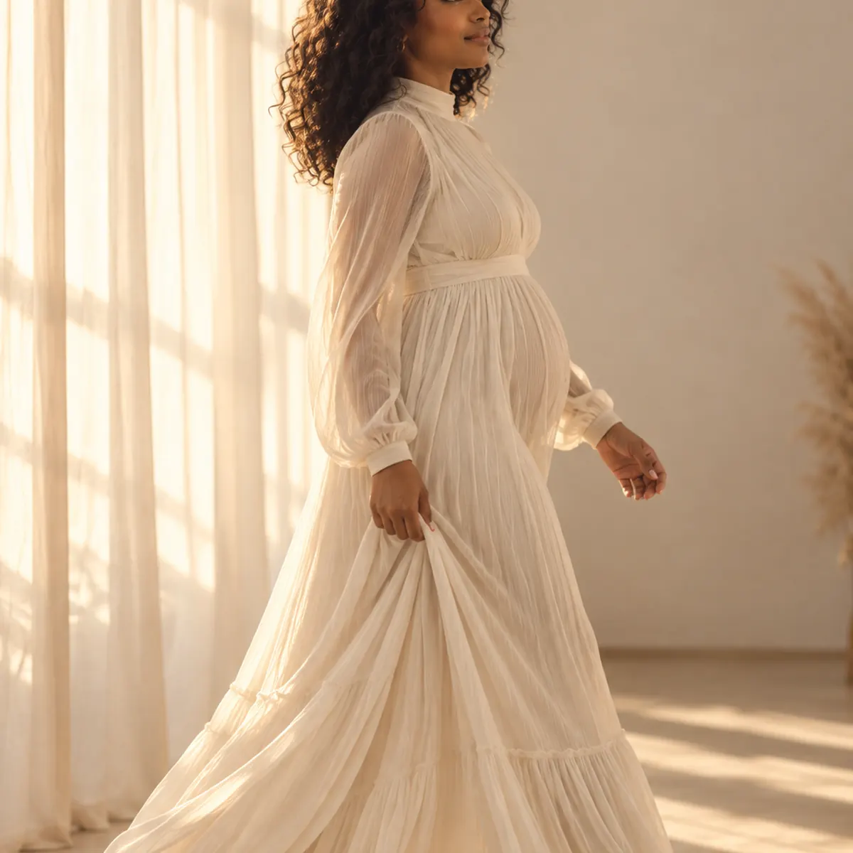 Walking maternity portrait with natural window light in Richmond Hill