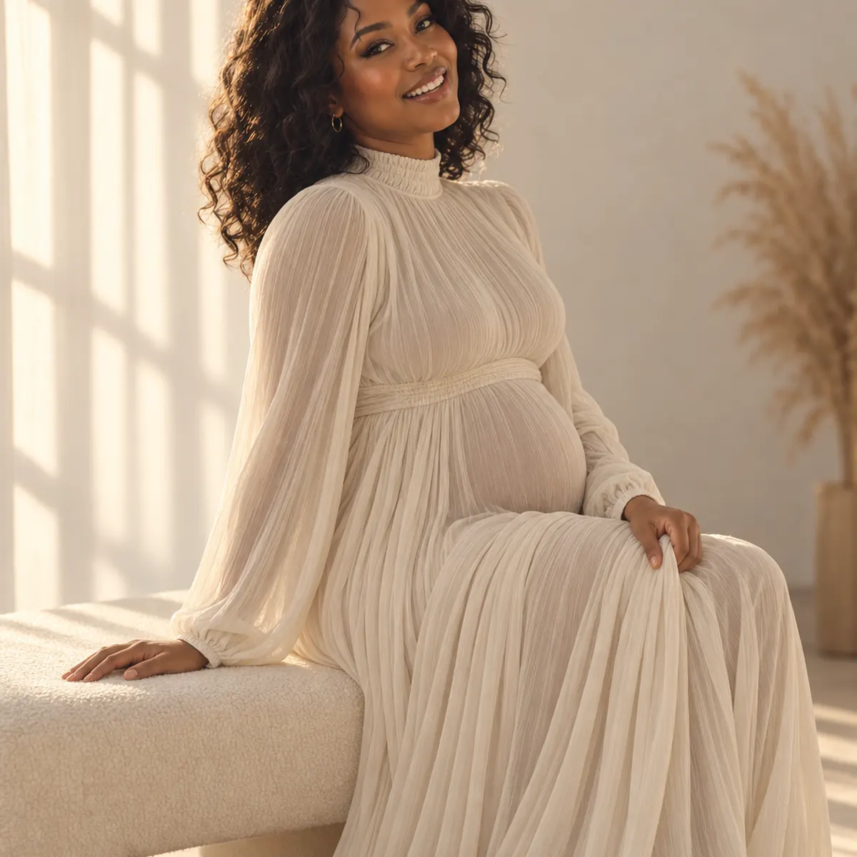 Seated natural maternity portrait in a warm Richmond Hill studio