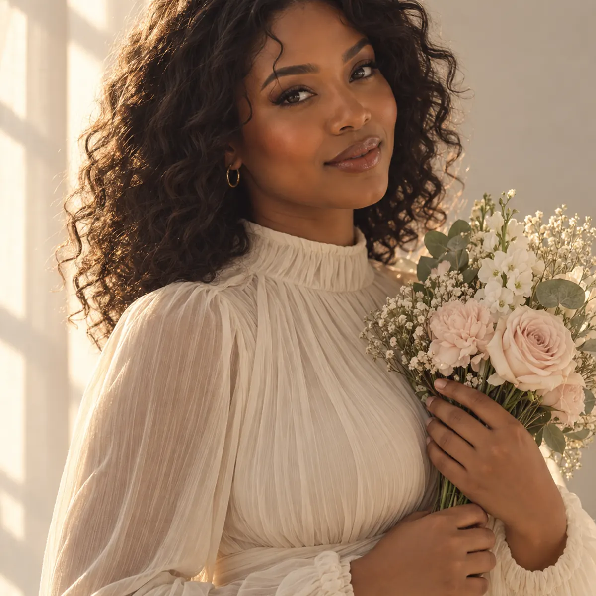 Close maternity portrait with blush flowers and warm window light
