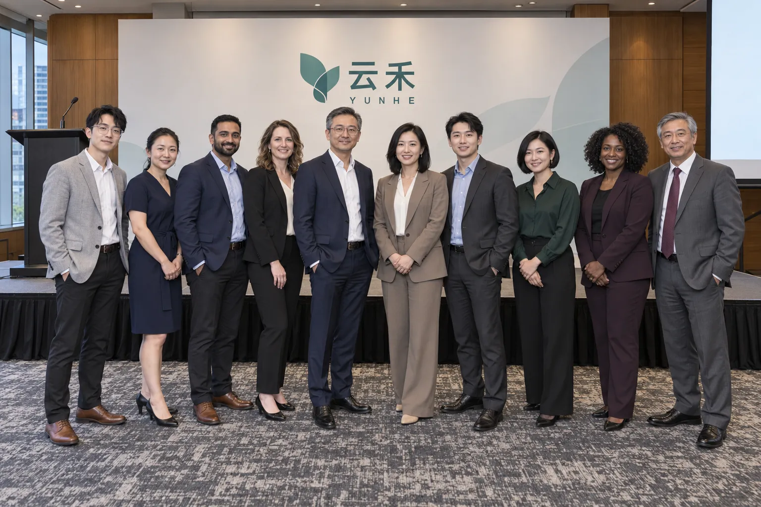 Group of eight attendees posing together in front of a branded event backdrop