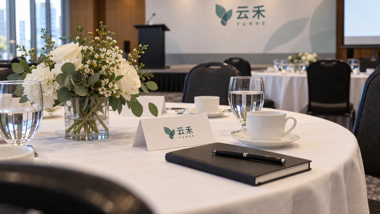 Conference table with place cards, a notebook and flowers beside a branded presentation area