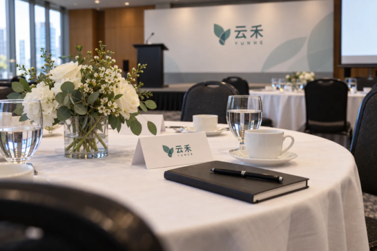 Conference table with place cards, a notebook and flowers beside a branded presentation area