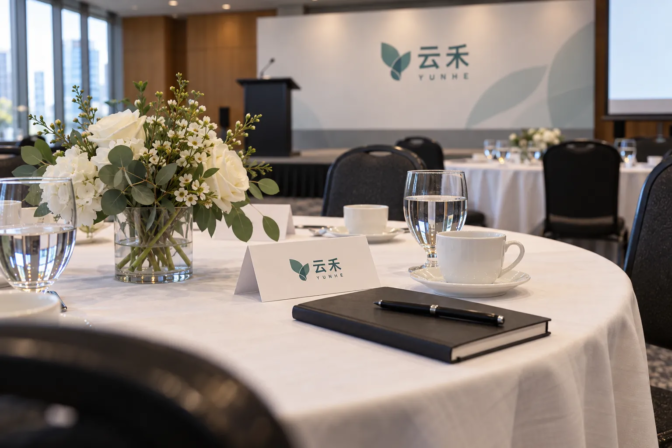 Conference table with place cards, a notebook and flowers beside a branded presentation area