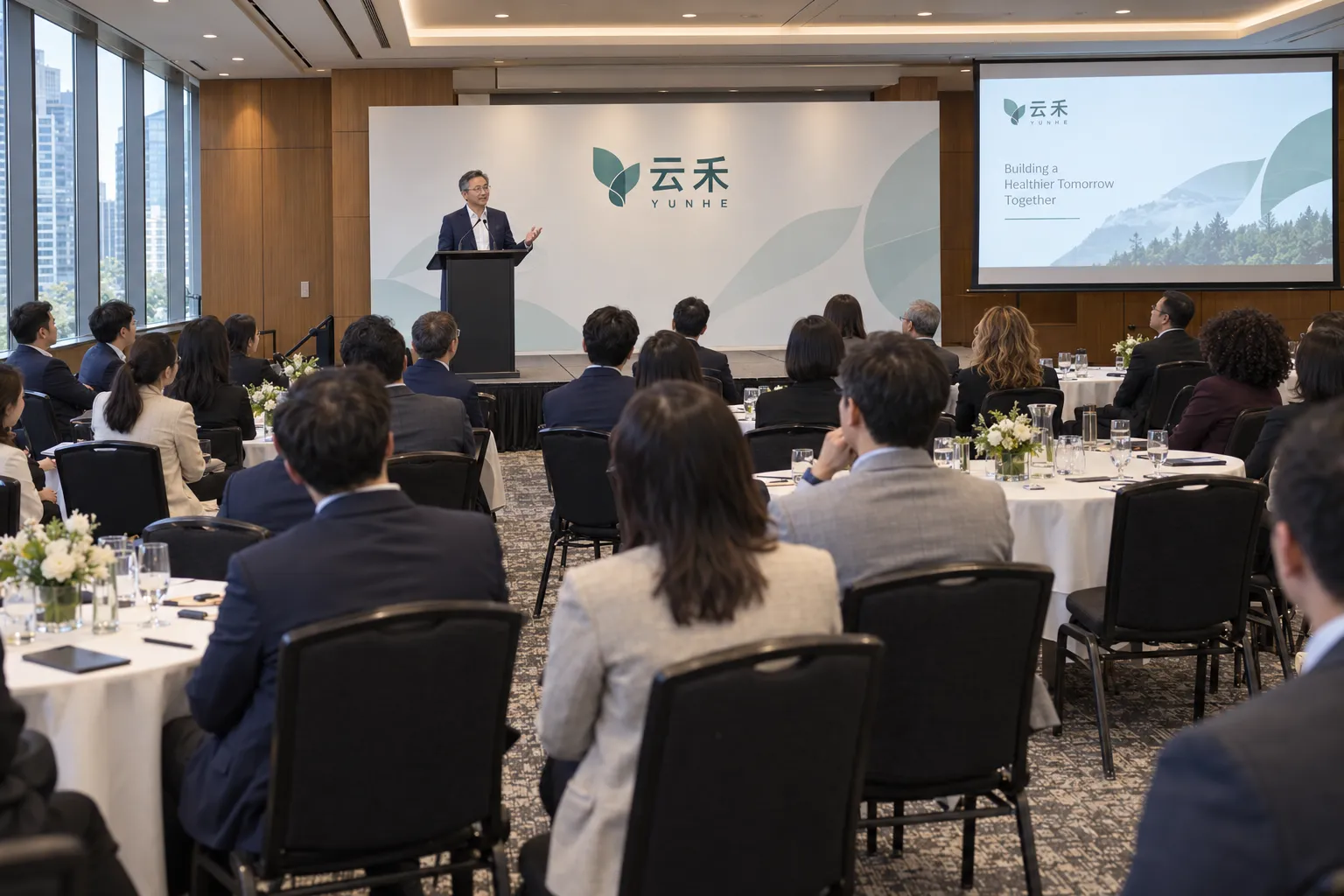 Audience seated in rows facing a speaker and presentation screen at a business event