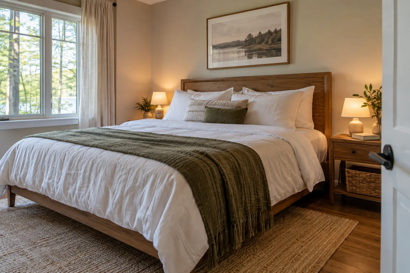 Bedroom with white cotton bedding, an olive throw and wooden bedside tables