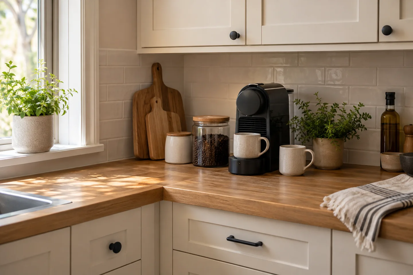Coffee machine and ceramic cups on a wooden kitchen counter beside a window