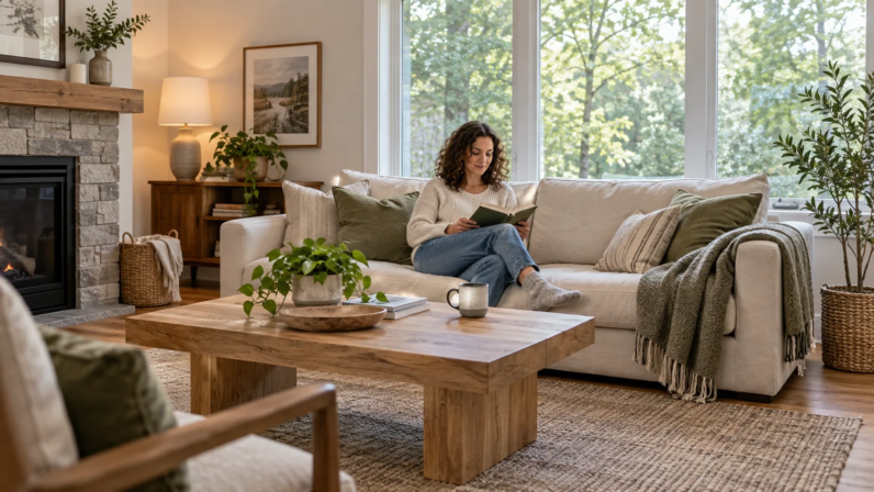 Woman reading on a cream sofa in a bright rental living room with a stone fireplace
