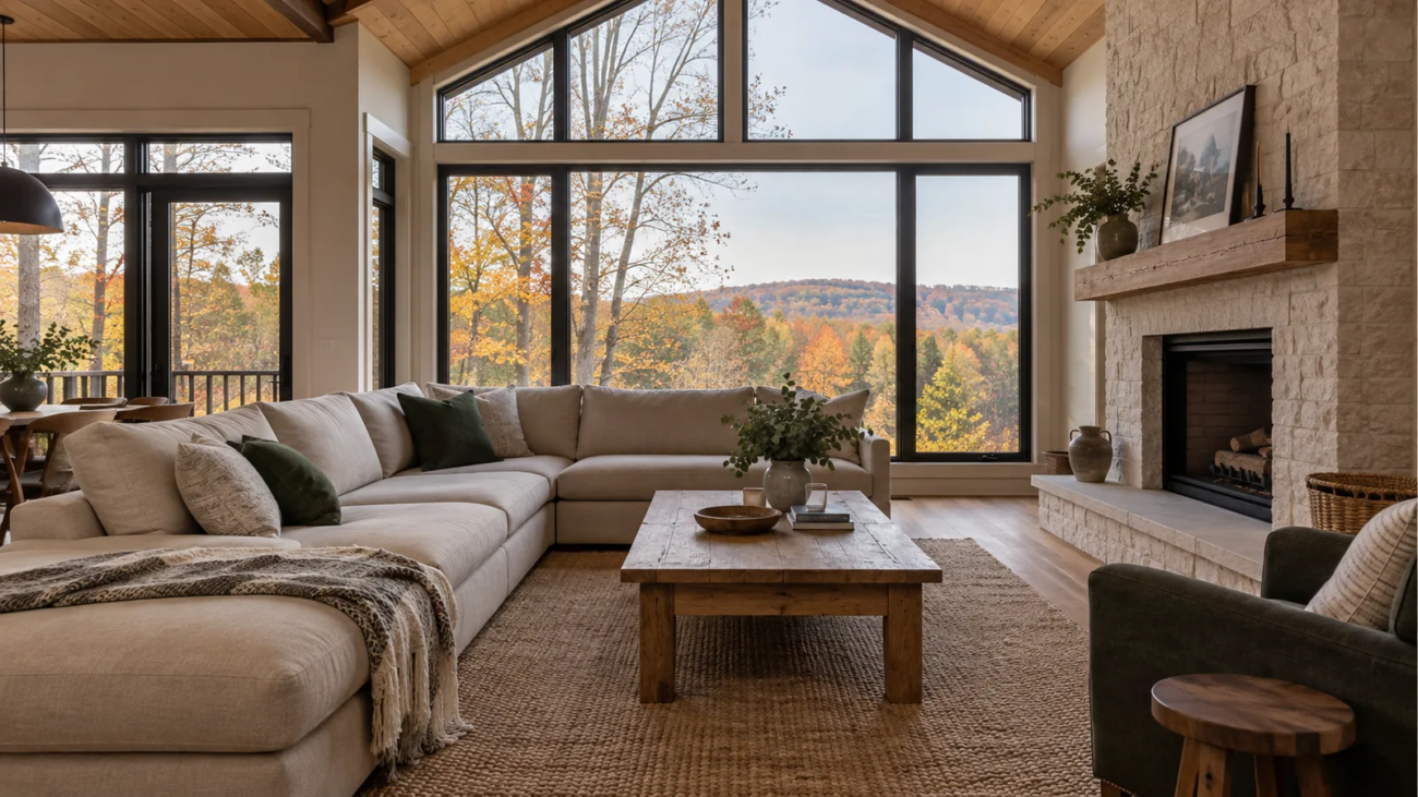 Chalet living room with a cream sectional, stone fireplace and autumn trees outside tall windows