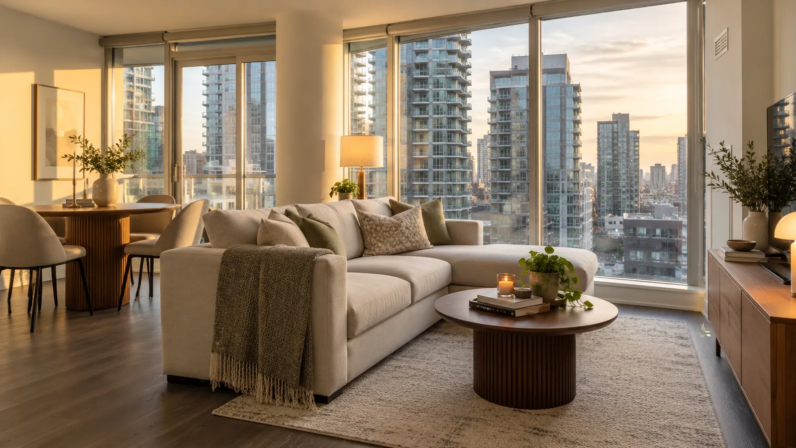Professional Airbnb photography of a modern Toronto condo living room