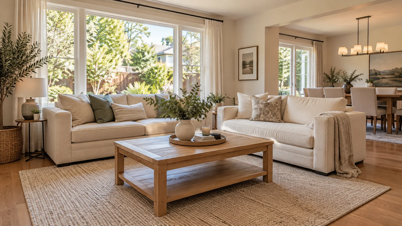Bright living room with cream sofas, an oak coffee table and garden-facing windows