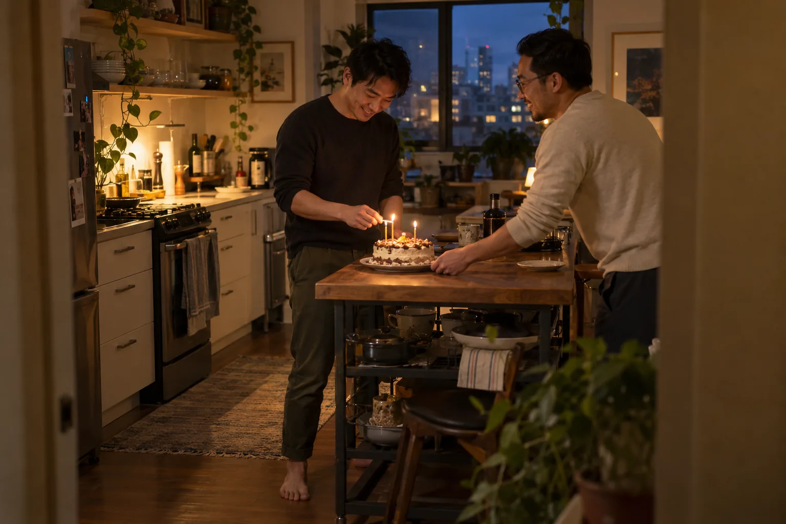 Natural at-home birthday photoshoot of a couple lighting candles on a cake