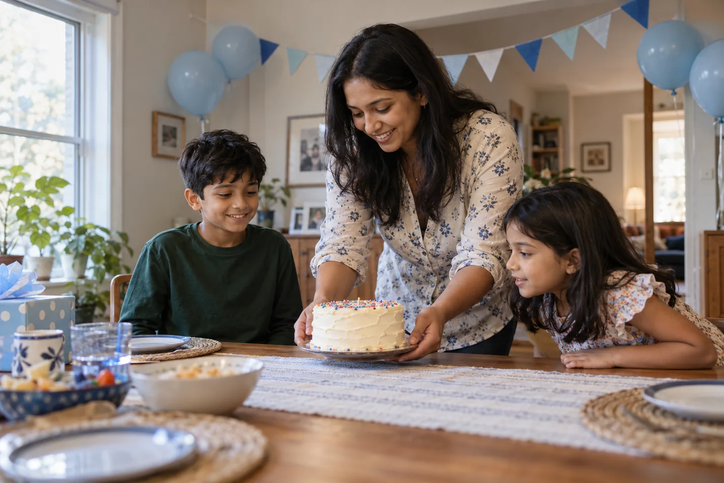 Mother placing a birthday cake on a table while two children watch at home