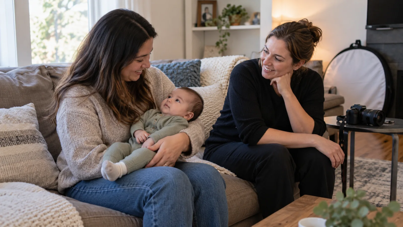 Mother holding her baby while speaking with a photographer during a home visit