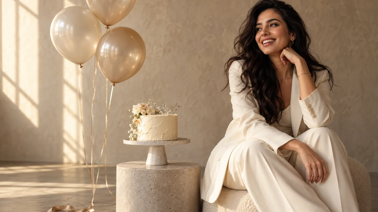 Elegant adult birthday photoshoot in a Toronto studio with a cake and neutral balloons