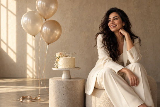 Elegant adult birthday photoshoot in a Toronto studio with a cake and neutral balloons