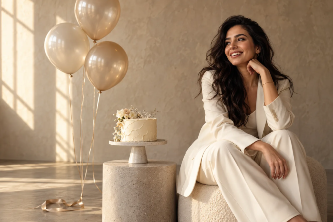 Elegant adult birthday photoshoot in a Toronto studio with a cake and neutral balloons