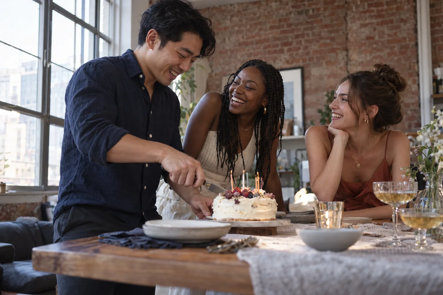 Candid birthday photoshoot with three friends cutting a cake in a Toronto loft