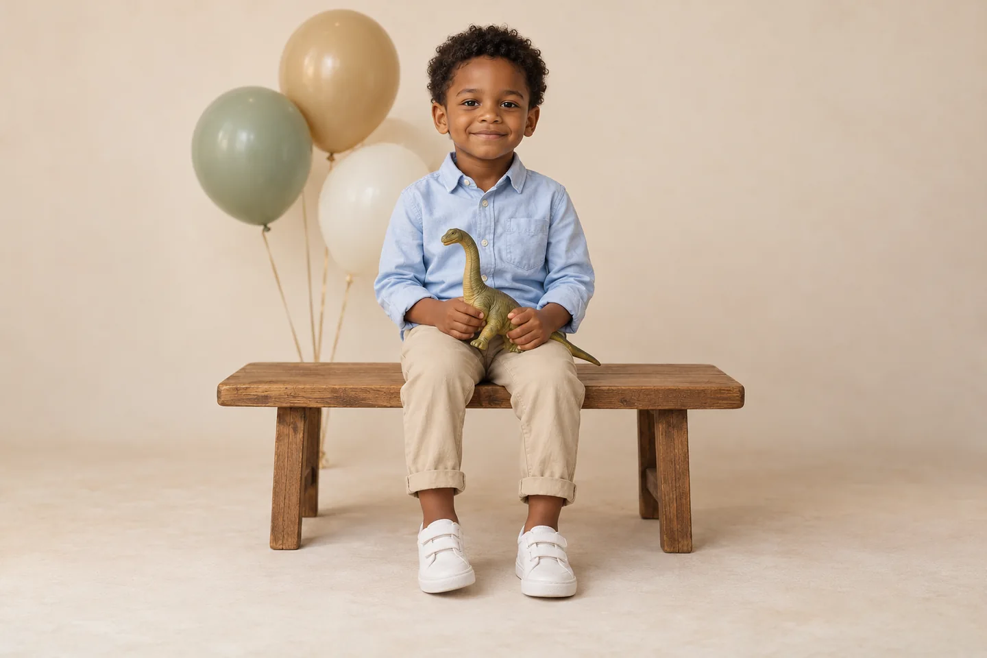 Child in a blue shirt holding a toy dinosaur on a wooden bench with balloons