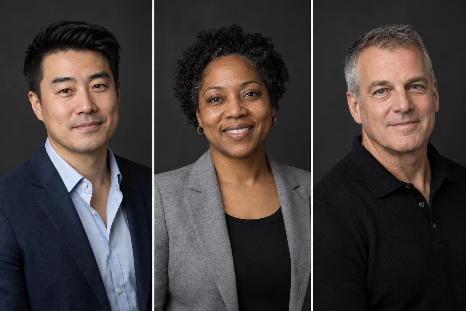 Three illustrated employee headshots with consistent charcoal backgrounds, soft lighting and varied natural expressions