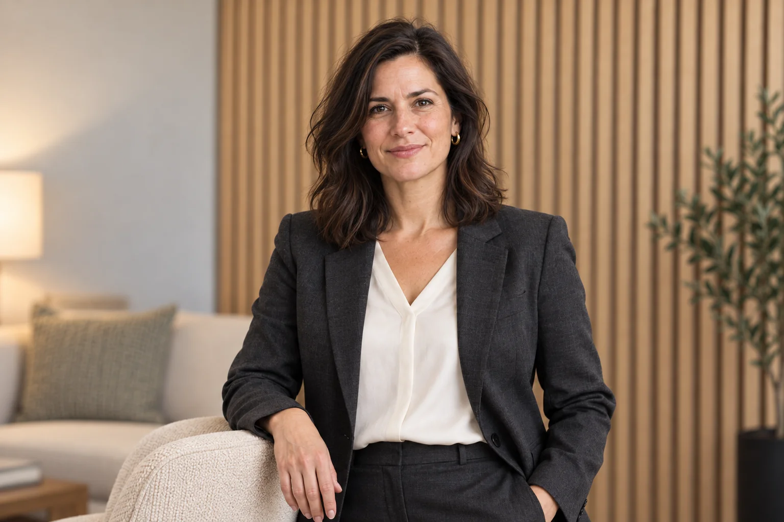 Illustrated business portrait of a woman in a charcoal blazer against a softly blurred warm wood office background