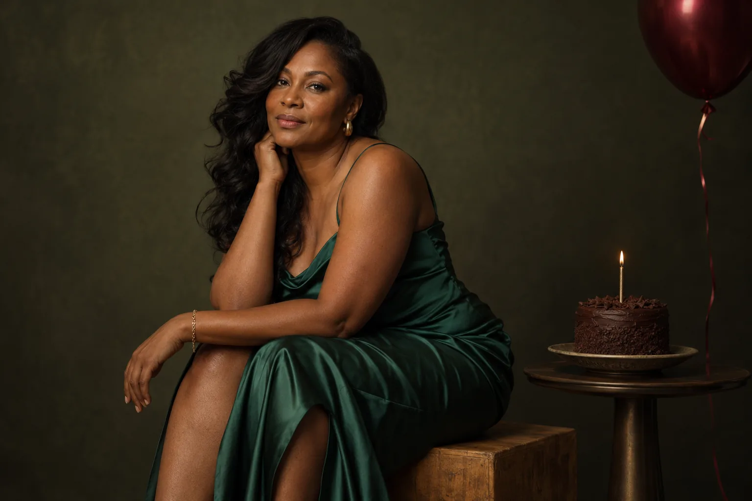 Elegant 40th birthday portrait of a woman in an emerald dress in a Toronto studio