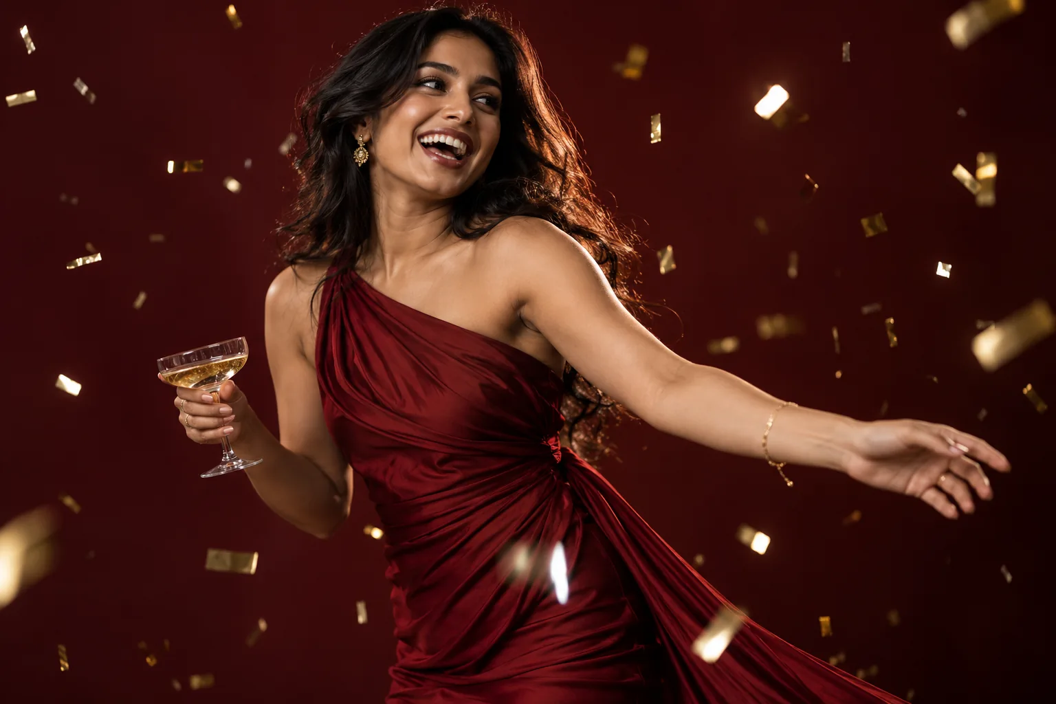 Glam birthday photoshoot with a red dress and gold confetti in a Toronto studio