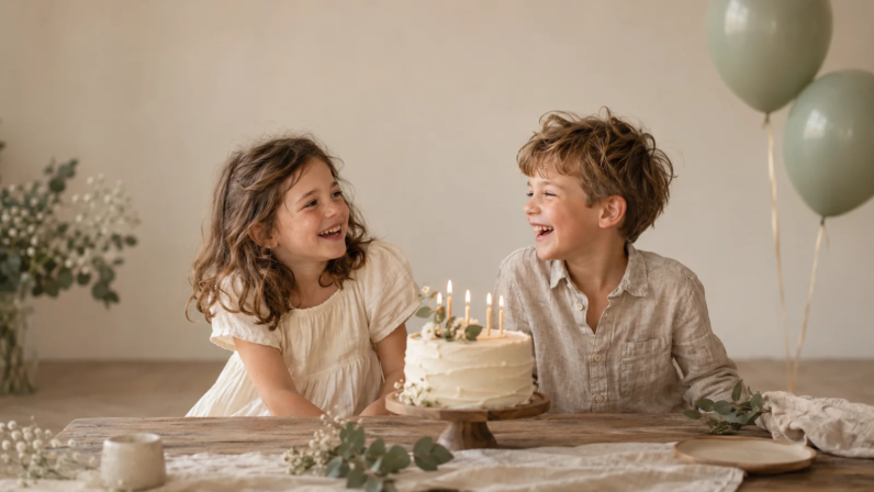 Two children laughing beside a birthday cake in a softly lit studio