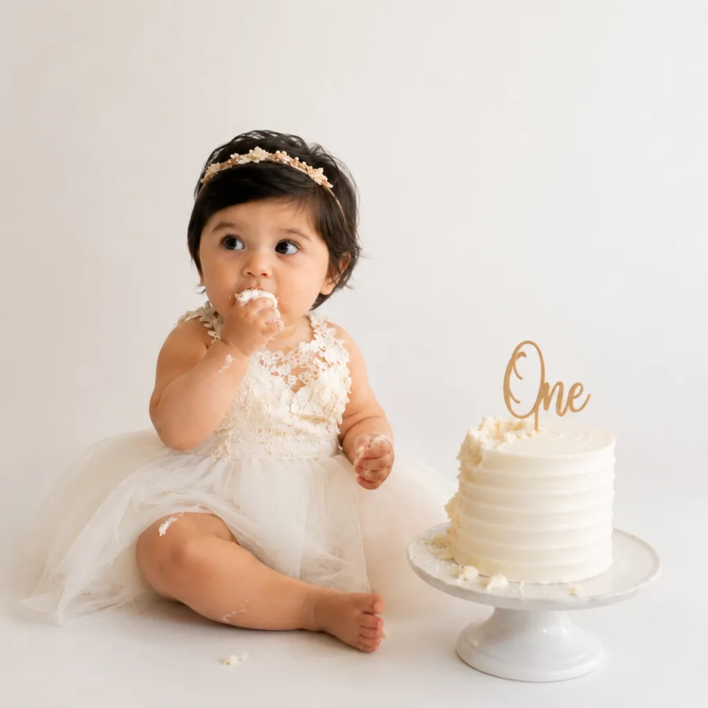 Baby girl in an ivory dress tasting icing beside a white first birthday cake