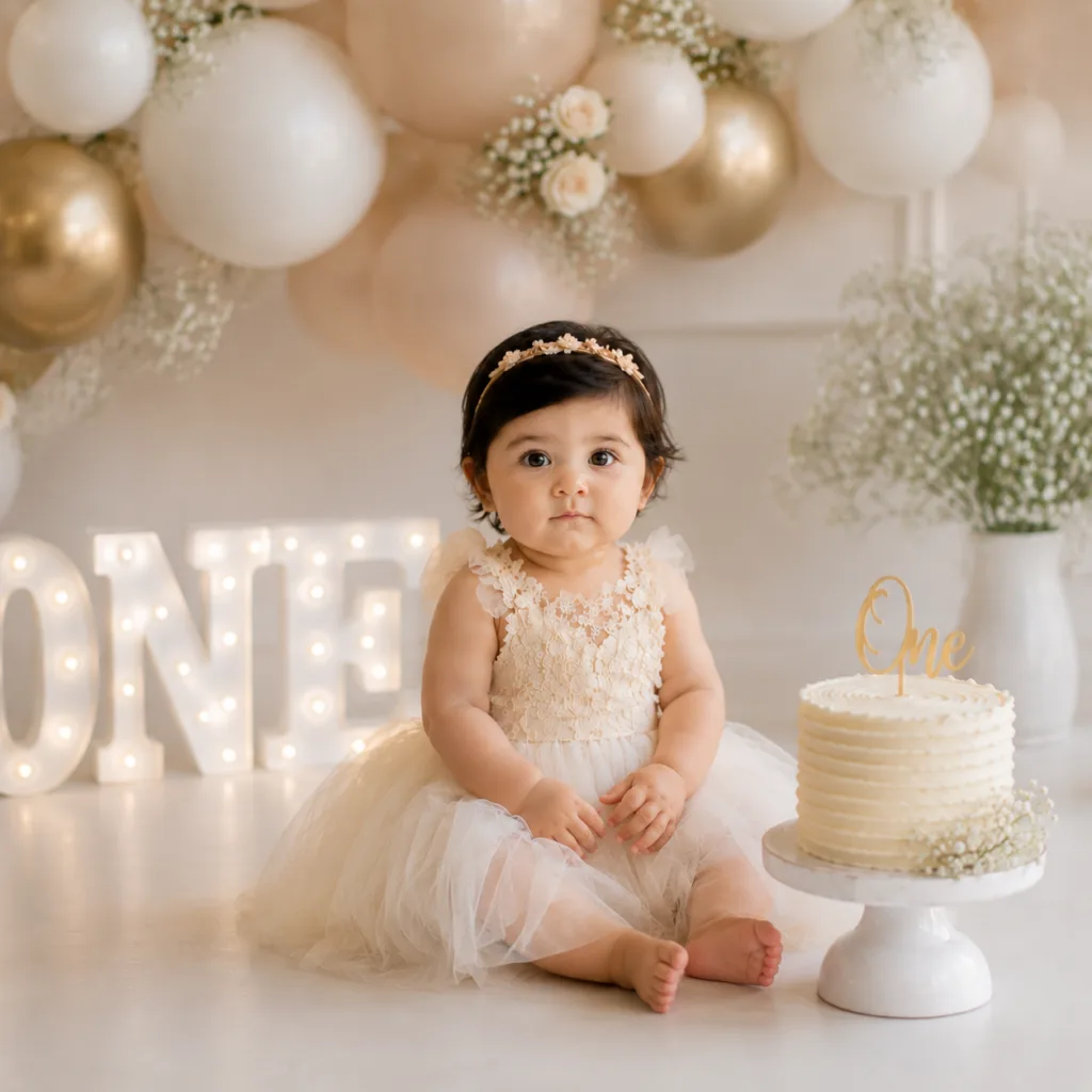 Baby girl in an ivory dress seated beside a white cake and illuminated ONE letters