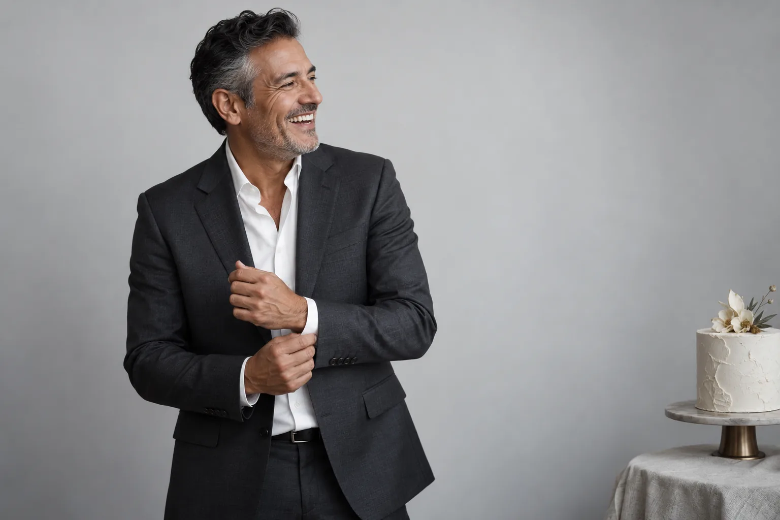 Minimalist birthday portrait of a man in a charcoal suit against a grey studio background