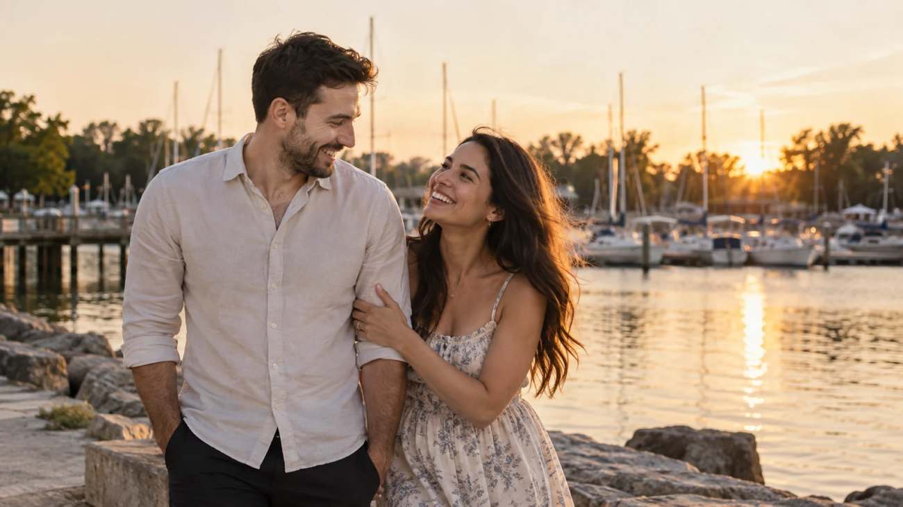 Couple enjoying a golden-hour photoshoot at the Port Credit waterfront in Mississauga