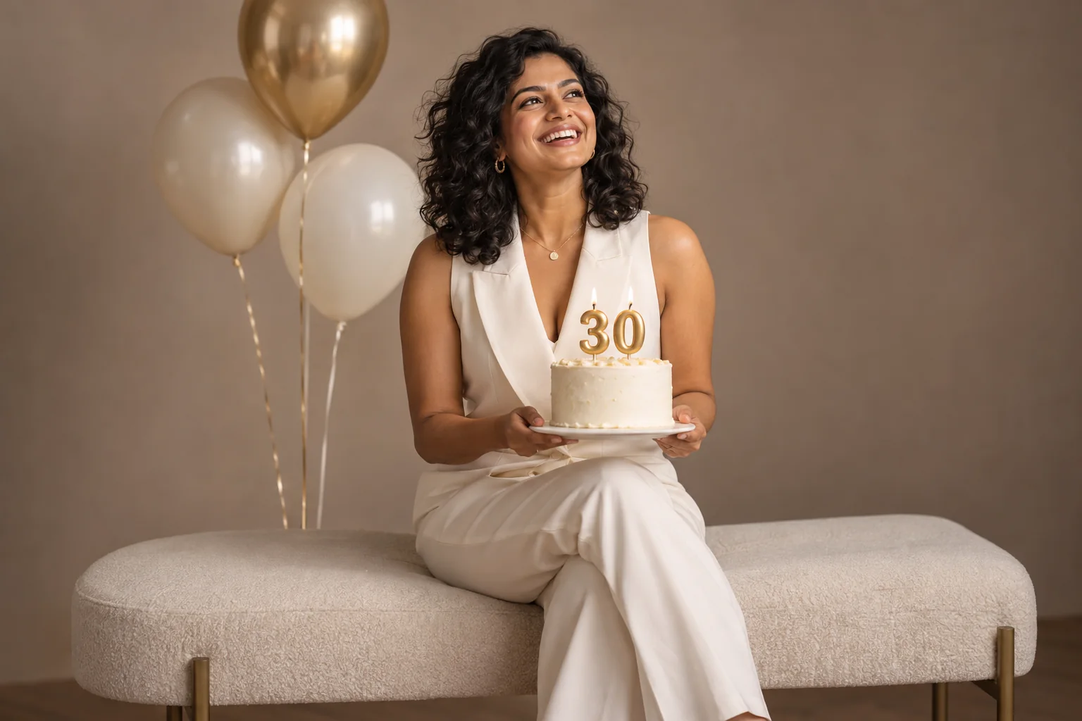 Woman in an ivory jumpsuit laughing while holding a cake with gold 30 candles