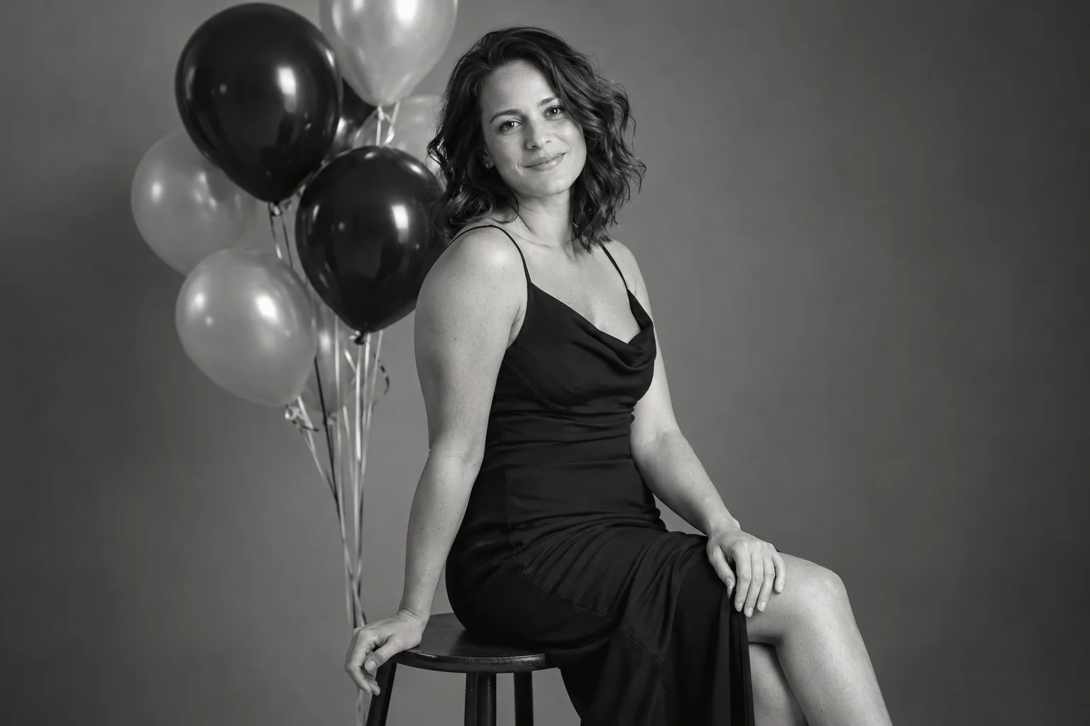Black-and-white portrait of a woman in a black dress seated beside birthday balloons