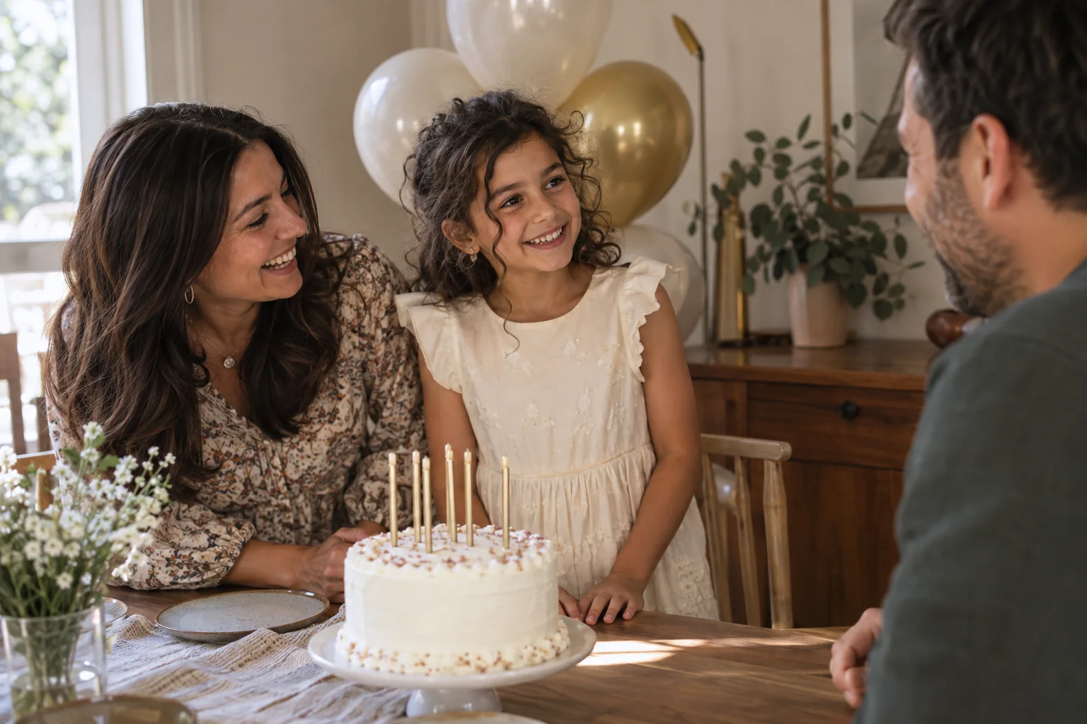 Girl smiling at her father beside a birthday cake with her mother at home