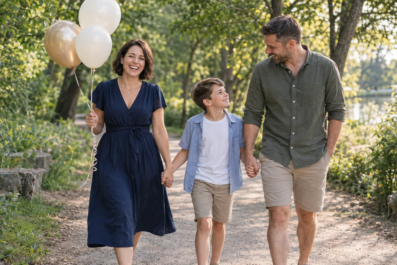 Mother carrying cream and gold balloons while walking with her family on a leafy path