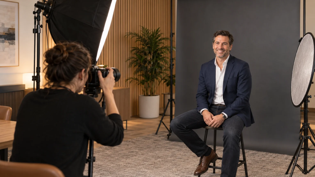 AI-generated illustration of a photographer taking an employee headshot with a softbox and charcoal backdrop inside an office