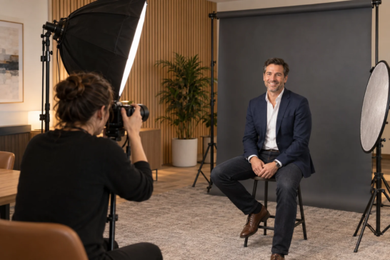 AI-generated illustration of a photographer taking an employee headshot with a softbox and charcoal backdrop inside an office