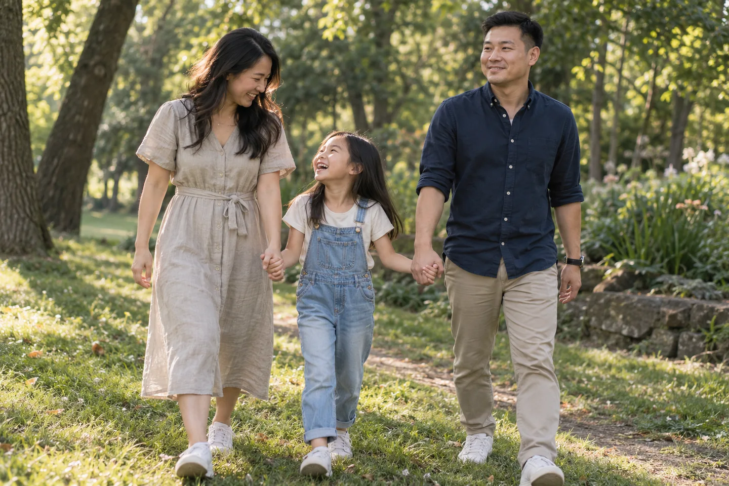 Girl in denim overalls walking hand in hand with her parents in a leafy park