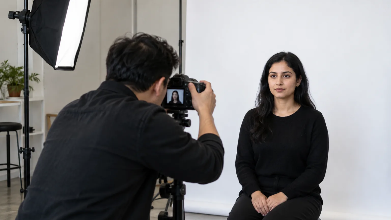 Professional passport photo studio in Toronto with a photographer and client