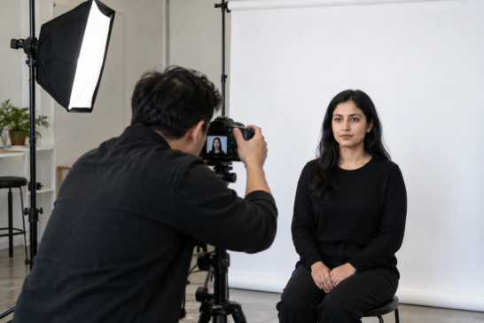 Professional passport photo studio in Toronto with a photographer and client