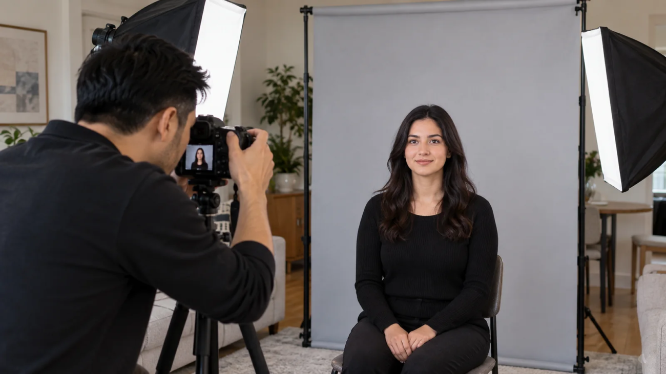 Mobile UK passport photo setup in a Toronto home